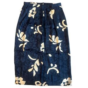VNTG Maggy London Navy/Hawaiian Print, Silk. Pleated Pencil Midi Skirt- 6